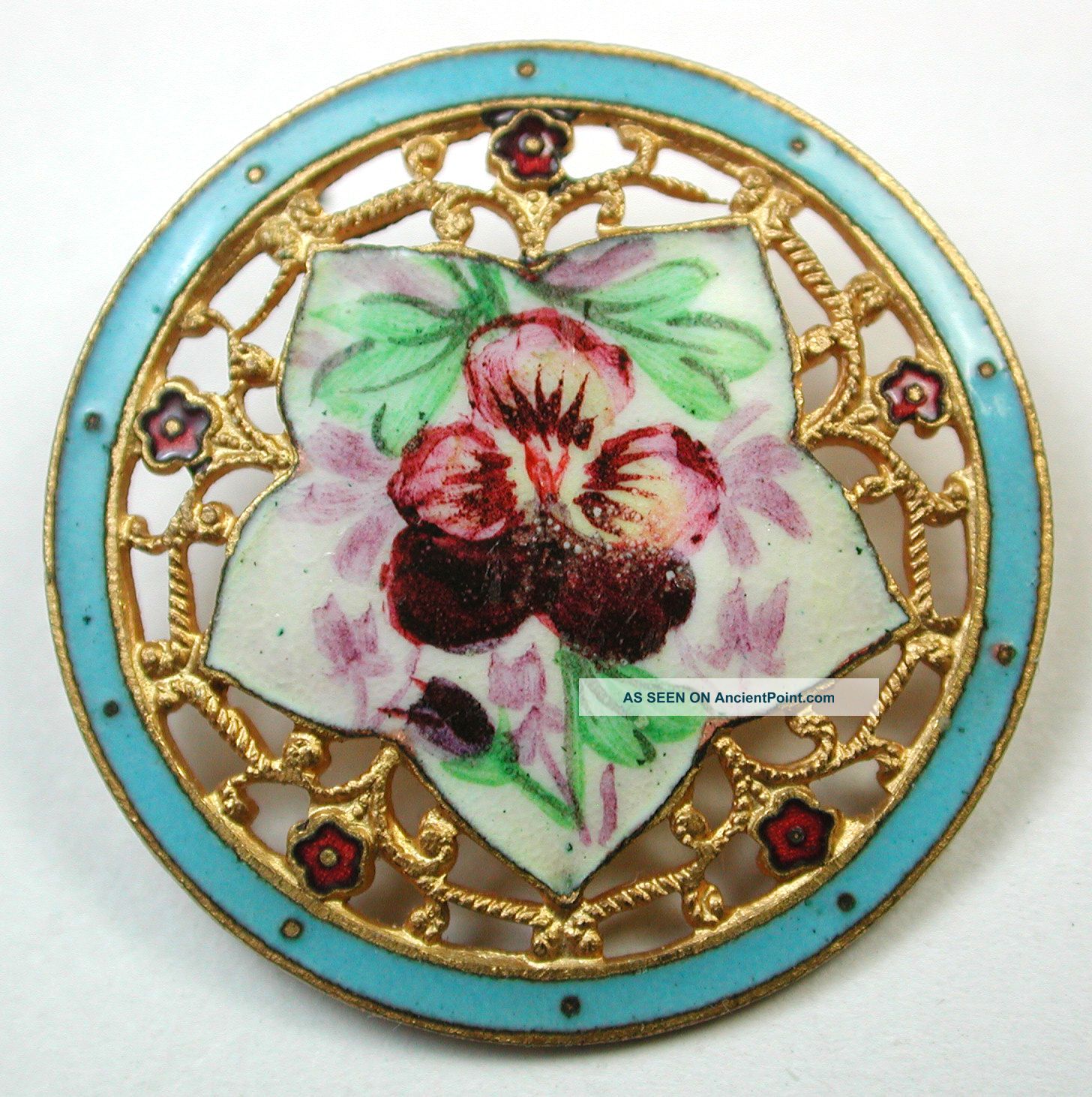 Antique Champleve Enamel Button Pierced Design Hand Paint Pansy & Filigree Buttons photo