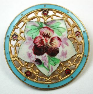 Antique Champleve Enamel Button Pierced Design Hand Paint Pansy & Filigree photo