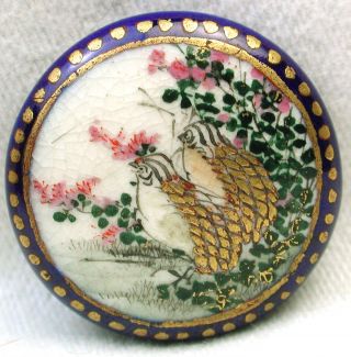 Antique Meiji Satsuma Button 2 Quail Birds W Gold Feathers & Cobalt Border photo