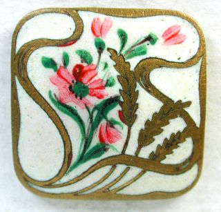 Antique Champleve Enamel Button Square Shape Art Nouveau Whand Paint Wildflowers photo
