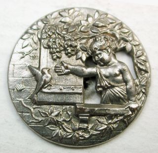Antique Button Pierced Design Boy Reaching For A Bird From A Window Lovely photo