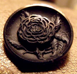 Large Victorian Figural Cloak Button Black Glass Black Rose One Inch Diameter photo