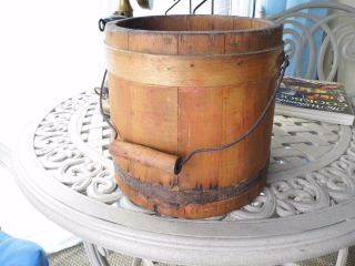 Antique Primitive Oak Wood Wooden Small Handled Berry Bucket Measure Or Pail photo