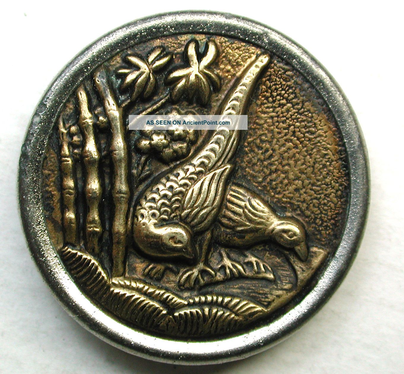 Antique Brass Button 2 Pheasants Grazing For Food Buttons photo