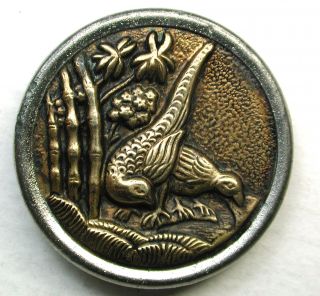 Antique Brass Button 2 Pheasants Grazing For Food photo