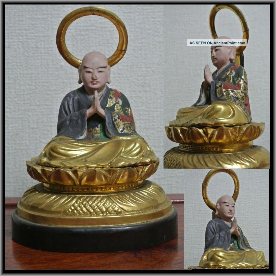 Japanese Praying Gilt Wood Buddhist Kobo Taishi Monk Priest Buddha Zen Statue Statues photo