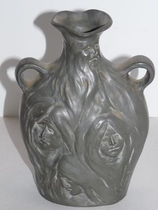Ca 1900 French Art Nouveau Pewter Vase By Georges Charles Coudray Faces Signed photo