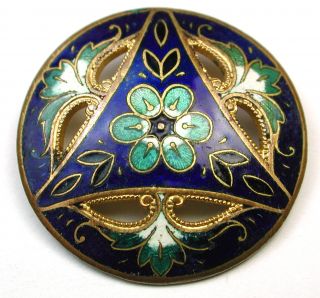 Antique French Enamel Button Pierced Triangle Floral On Cobalt W/ Fancy Border photo