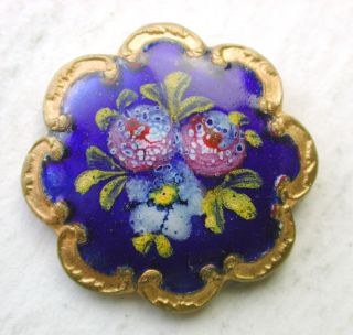 Antique French Enamel Button Hand Painted Floral On Cobalt W/ Scalloped Border photo