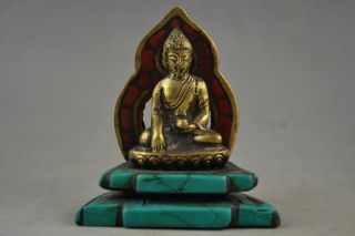 Rare Old Copper & Turquoise Carving A Tibet Buddha Prayer Peace Showily Statue photo