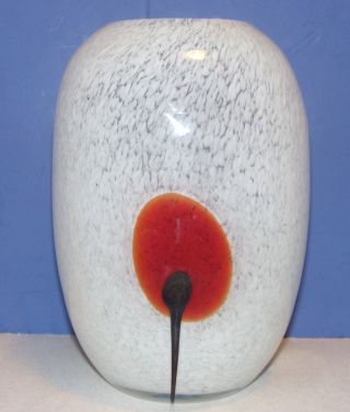 Hand - Blown Glass Vase White Frosted W/ Red Poppy On Front photo