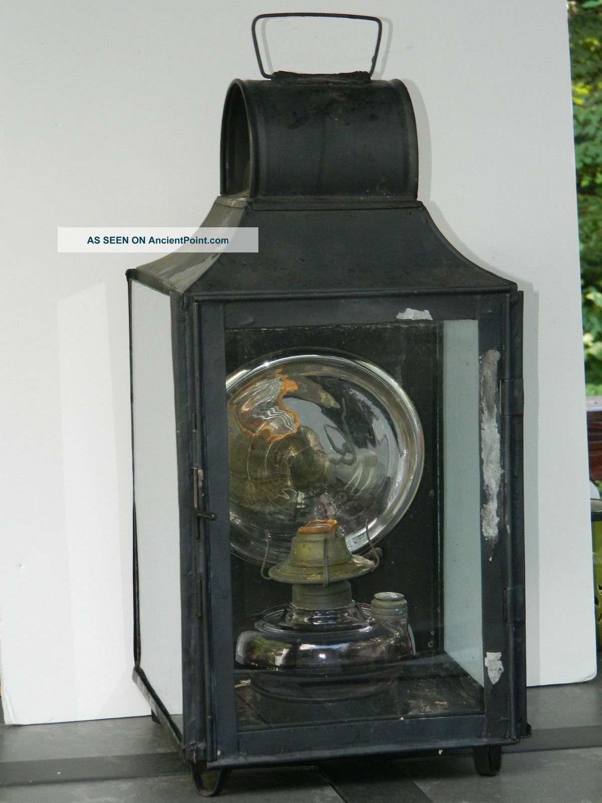 Antique Tin Lantern Mercury Glass Reflector F.  O.  Dewey & Son Amythest Font Primitives photo