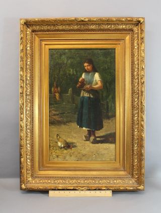 19thc Antique David De La Mar Dutch Genre Portrait Oil Painting Girl W/ Chickens photo