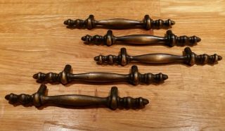 5 Vintage Brass Drawer Pulls Amerock Cabinet Door Handles Marked Rd Can.  1968 photo