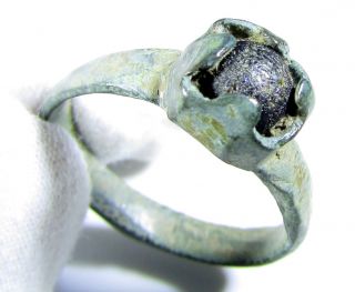 Rare Medieval Period Bronze Ring With Blue Stone In Bezel - Wearable - Ab2 photo