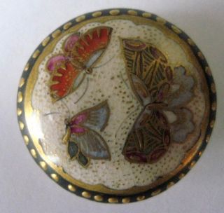 Antique Meiji Period Japanese Satsuma Button Butterflies Black And Gold Border photo