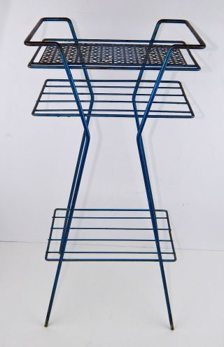 Vintage Mcm Metallic Blue Metal Mesh End Telephone Table Plant Stand Atomic Look photo