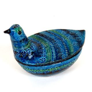 Bitossi Raymor Lidded Ceramic Pottery Bowl Bird Blue Mid Century Rimini Italy photo