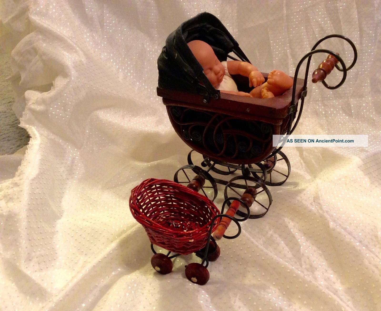 2 Miniature Victorian Baby Carriage Buggy Pram 1 Wicker & 1 Wood & Metal W/ Doll Baby Carriages & Buggies photo