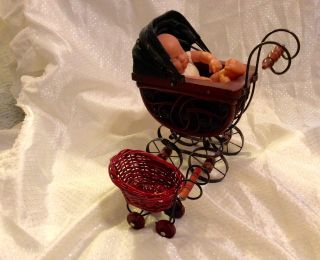 2 Miniature Victorian Baby Carriage Buggy Pram 1 Wicker & 1 Wood & Metal W/ Doll photo