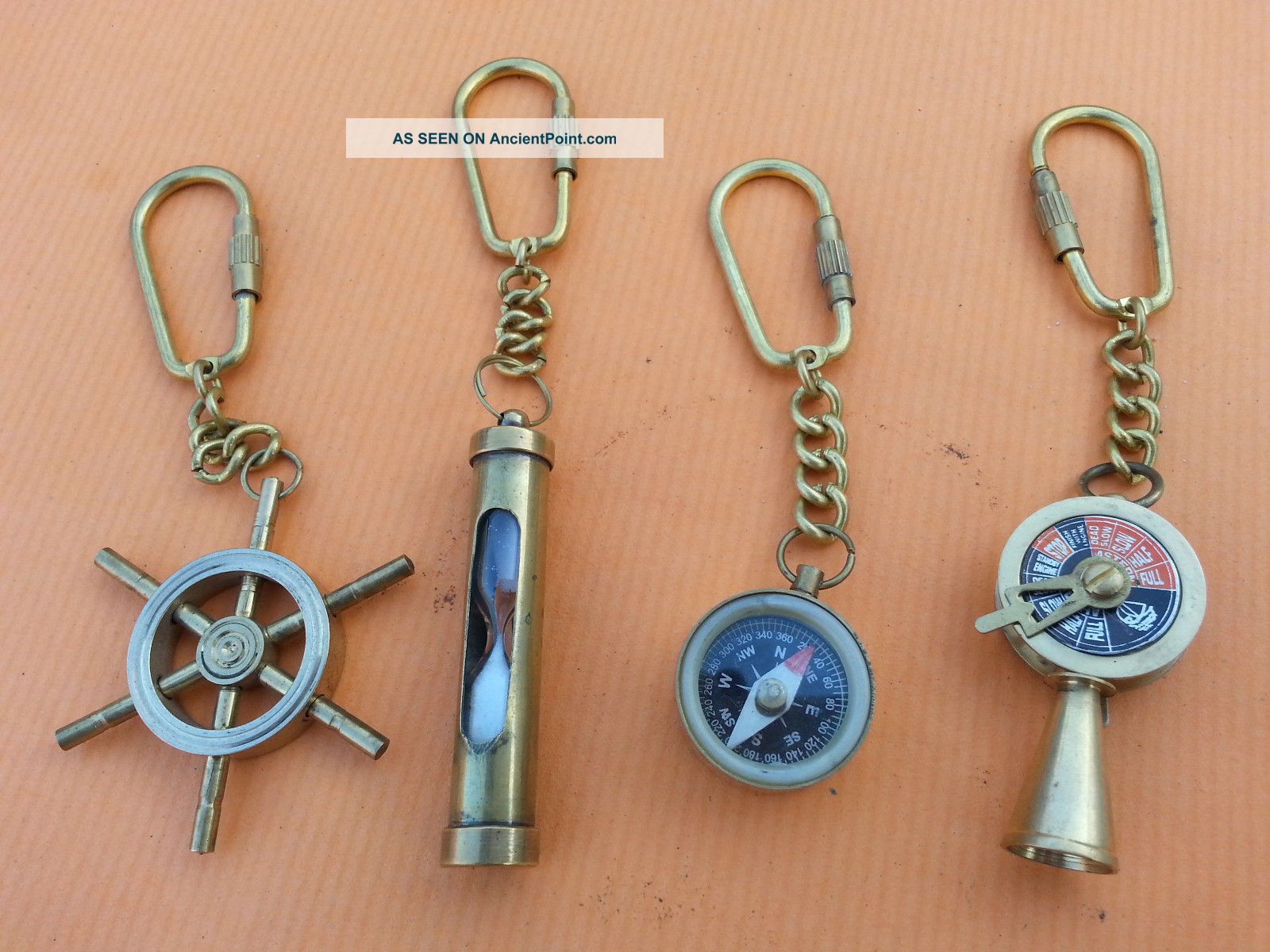 Vintage Retro Solid Brass Telegraph Sand Timer Compass And Ship Wheel Key Chain Compasses photo