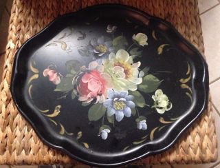 Toleware Tole Tray 16 X 14 Black Hand Painted Flowers photo