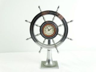 Antique English Art Deco Ships Wheel Wind Up Chromed Clock Maritime Nautical photo