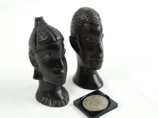 2 Vintage African Black Ebony Bust Carvings & Old Coin C1953 Five Shillings photo