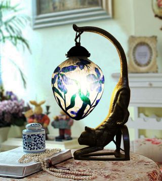 Vintage Art Noveau Retro Galle Blue Orchid Table Lamp With Cat Base photo