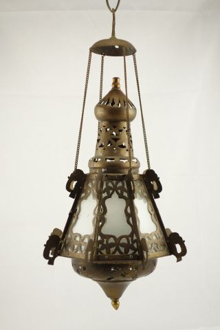 Antique Vintage Moroccan Hanging Candle Lantern Light Pierced Brass & Glass photo