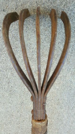 Vintage Garden Hand Tool Metal Head Wood Handle,  Rake Cultivator 20 3/4 