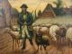 19thc Antique Primitive Folk Art Sheep Herder & Dog Dirt Road Landscape Painting Primitives photo 4