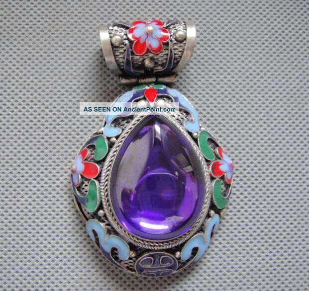 Antique Chinese Silver & Enamel Mosaic Sapphire Gem Zircon Pendant 48g Necklaces & Pendants photo