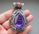 Antique Chinese Silver & Enamel Mosaic Sapphire Gem Zircon Pendant 48g Necklaces & Pendants photo 2