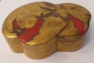Gorgeous Vintage Japanese Gold Lacquer Box Lychee Fruit Shaped Maki - E photo