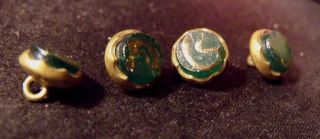 (4) Victorian Glass Buttons Brass & Green Goldstone Charm - String Waistcoat 3/8 