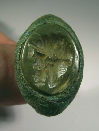 Rare Roman Bronze Intaglio Ring With Jade Stone,  Jupiter Image photo