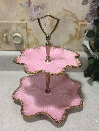 Vintage Retro California Pottery 2 - Tier Pink Gold Serving Appetizer Tray photo