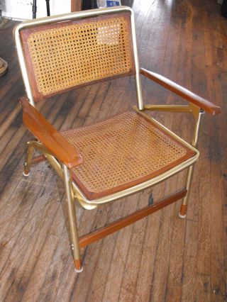 Mid Century Telescope Furniture Folding Wicker Patio Chair,  Wood Arms photo