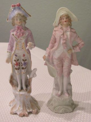 2 Bisque Porcelain French Victorian General Colonial Men Figurines Floral Pink photo