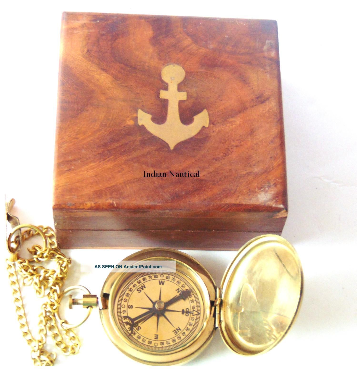 Antique Nautical Brass Compass - Vintage Push Button Compass With Wooden Box Compasses photo