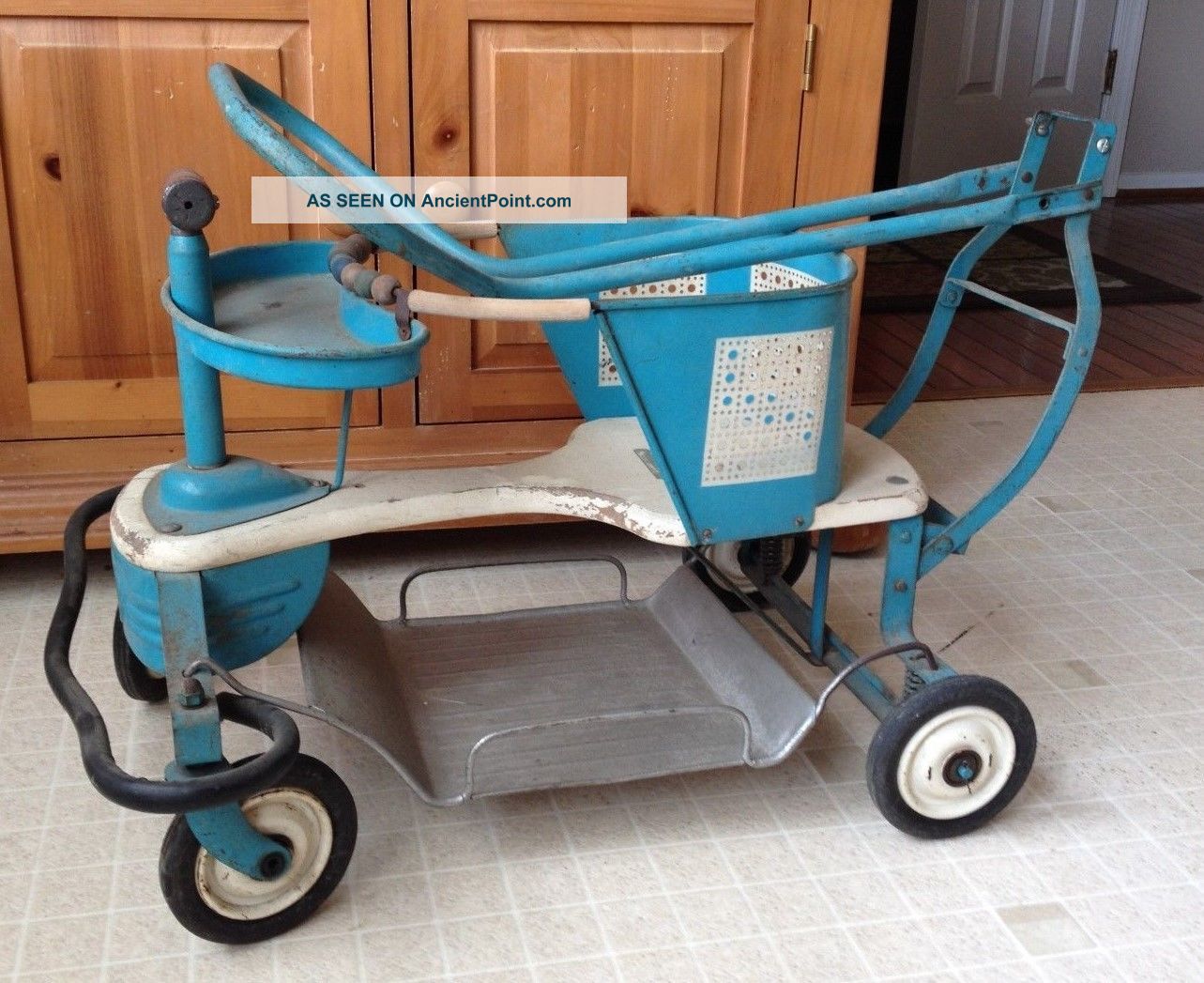 Vintage Pal Baby Toddler Stroller Walker Metal Wood Blue Ivory W/handle Baby Carriages & Buggies photo