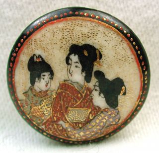 Antique Meiji Satsuma Button 2 Womaen & A Girl In Kimonos W/ Gold Accents photo