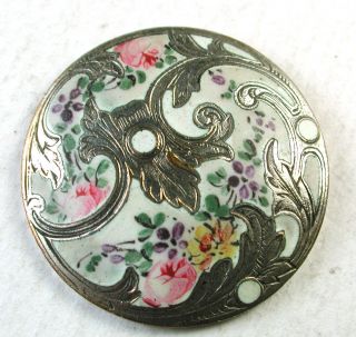 Antique Silver On Copper & Enamel Button W/ Detailed Hand Painted Floral Design photo