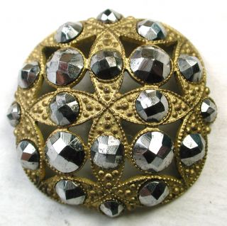 Antique Pierced Brass Dome Button Interlocking Circles W/ Lg Cut Steel Accents photo
