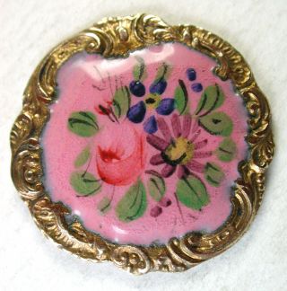 Antique French Enamel Button Hand Painted Flowers On Pink - Paris Back photo