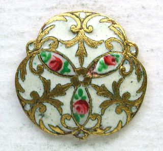 Antique French Enamel Button Hand Painted Roses On Cream - Paris Back photo