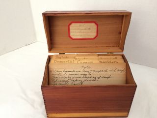 Vintage Dovetail Wood Recipe Index Card File Box With Old Handwritten Recipes photo