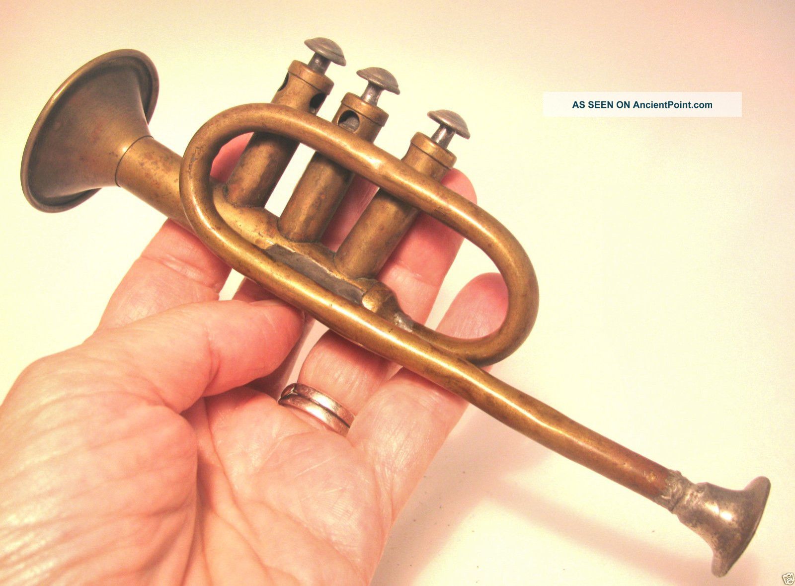 Antique Vtg French Child ' S Toy Solid Brass Trumpet 3 - Valve Nickel - Tin Horn Mini Brass photo