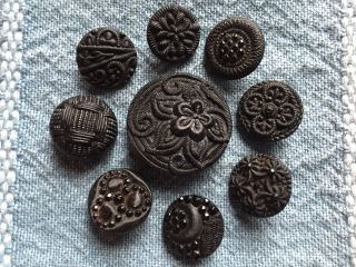 9 Victorian Antique Vtg Black Glass Buttons - Fabric Like - Designs photo